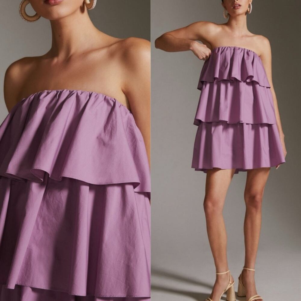 Anthro Corey Lynn Calter Balbina Strapless Mini Dress Ruffle Mauve Small New